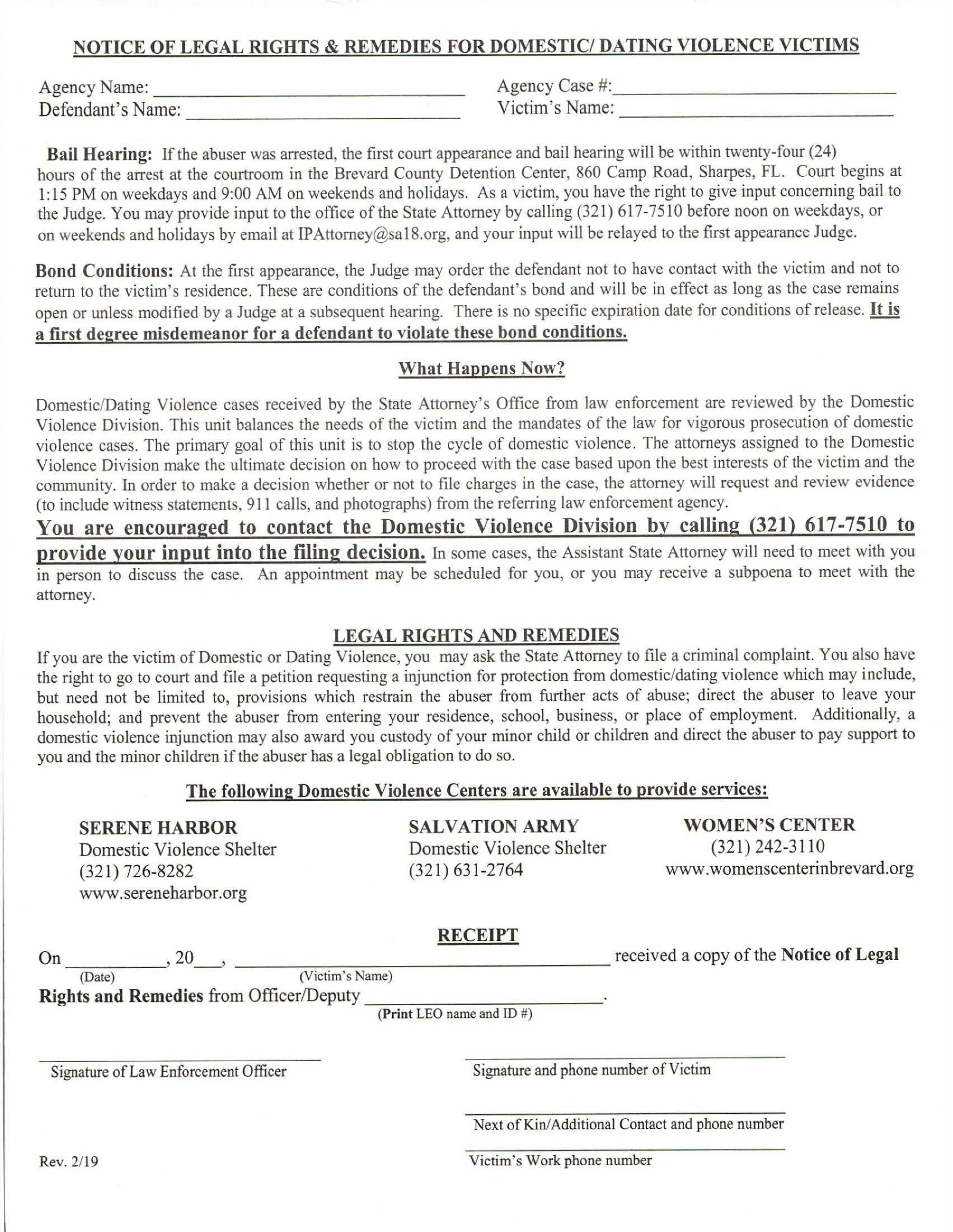 Notice of Legal Rights and Remedies for Domestic Dating Violence Victims Page 1