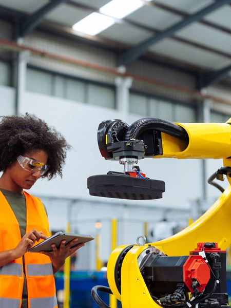 woman programming industrial robot