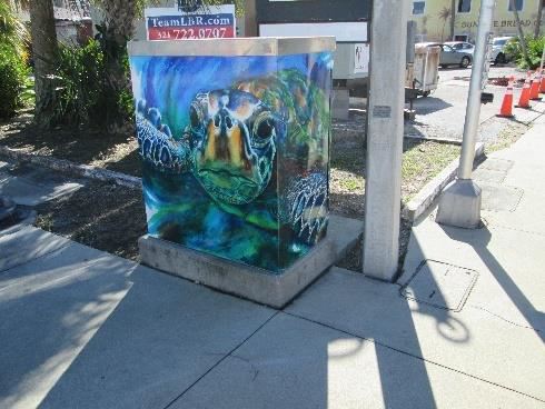 Photo of a turtle painting on a traffic signal box.