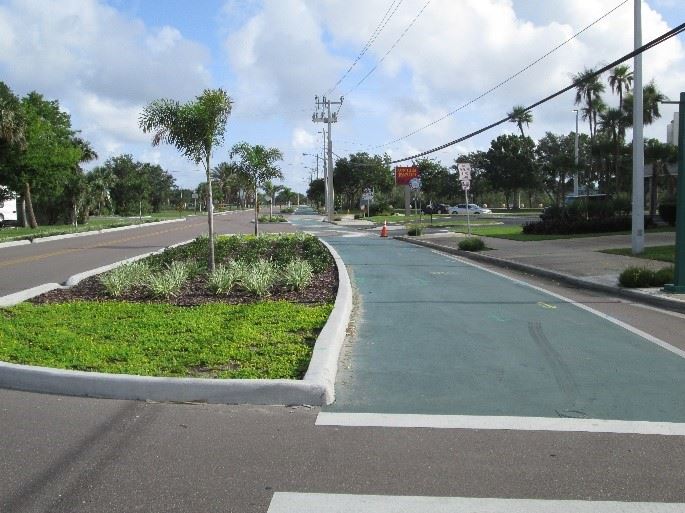 Photo of a green-paved bike trail with a curbed median of vegetation along 

side a road.