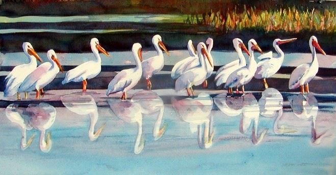 Painted image of white birds wading in water.