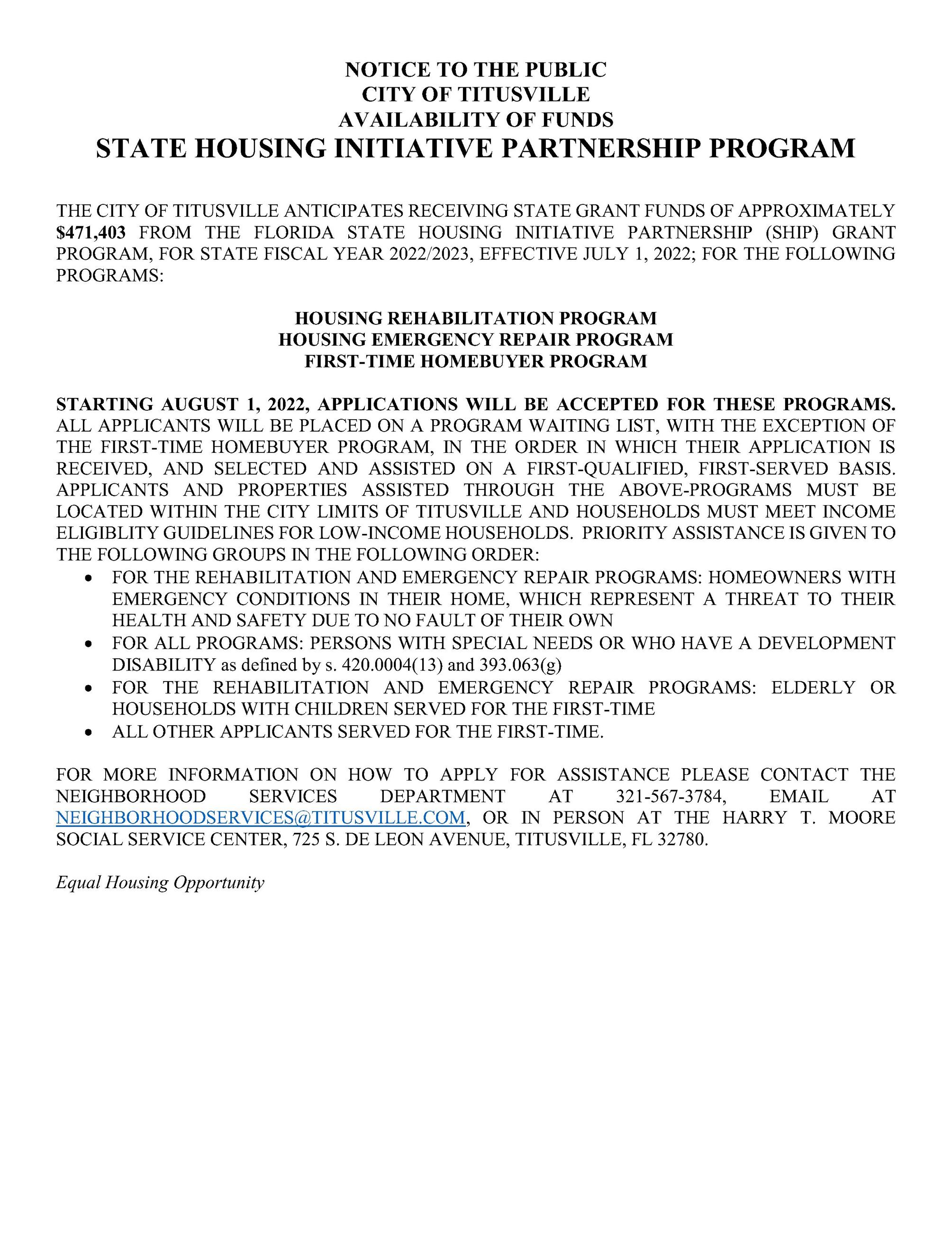 Public Ad - Availbility of Funds 2022-2023